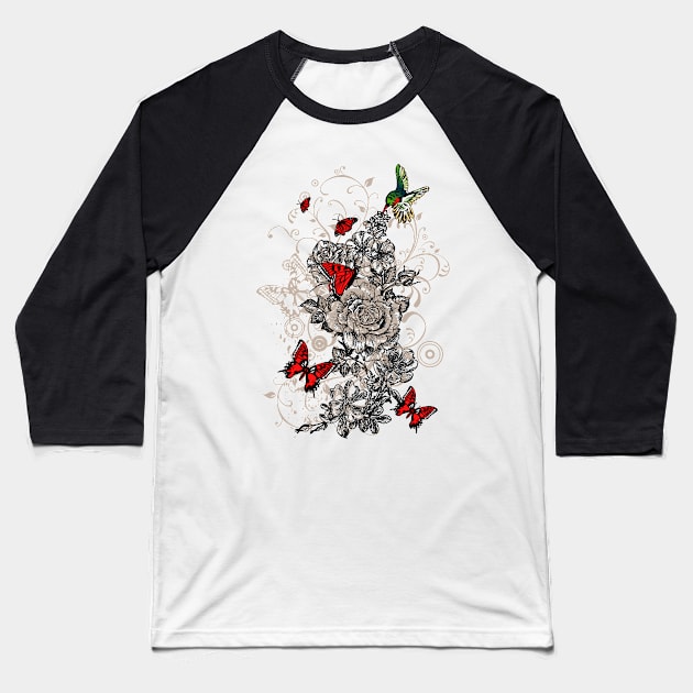 Roses and Butterfly Baseball T-Shirt by swarna artz